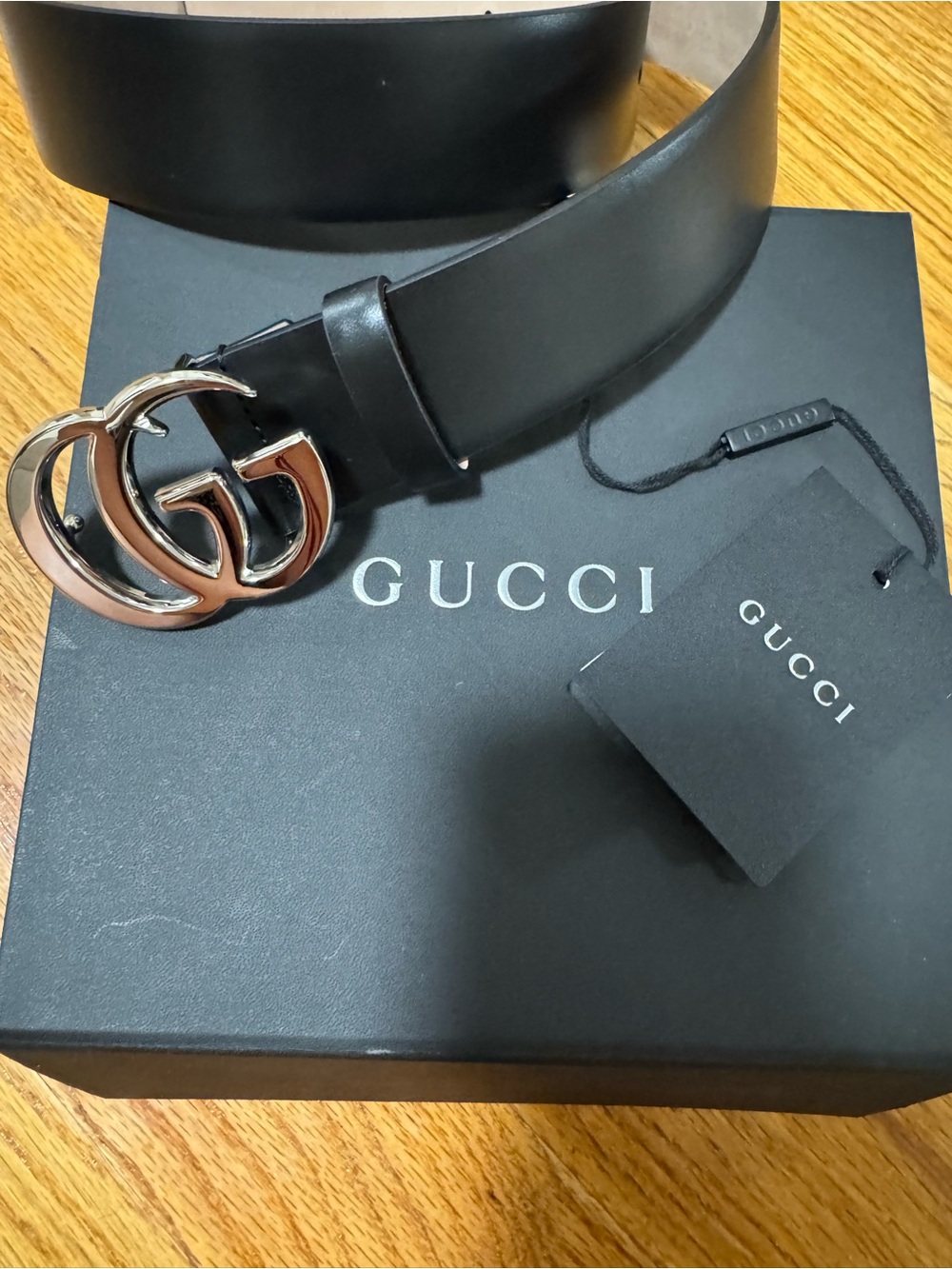 Gucci Flat Marmont Double G Black Leather Silver Buckle Belt Men’s Size 80/32